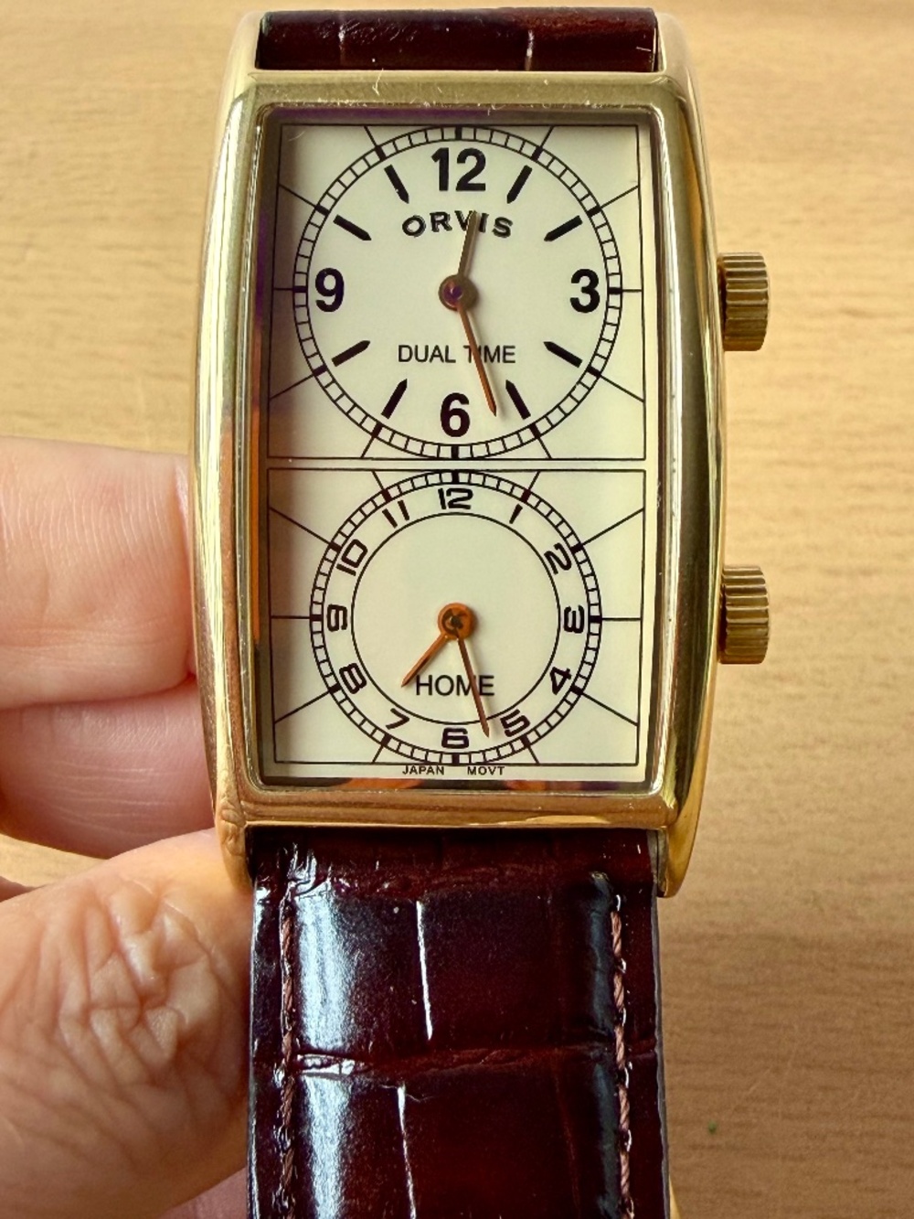 ORVIS DUAL TIME LARGE MEN’S GOLD TONE WATCH CROC BAND BRAND NEW FRESH BATTERY